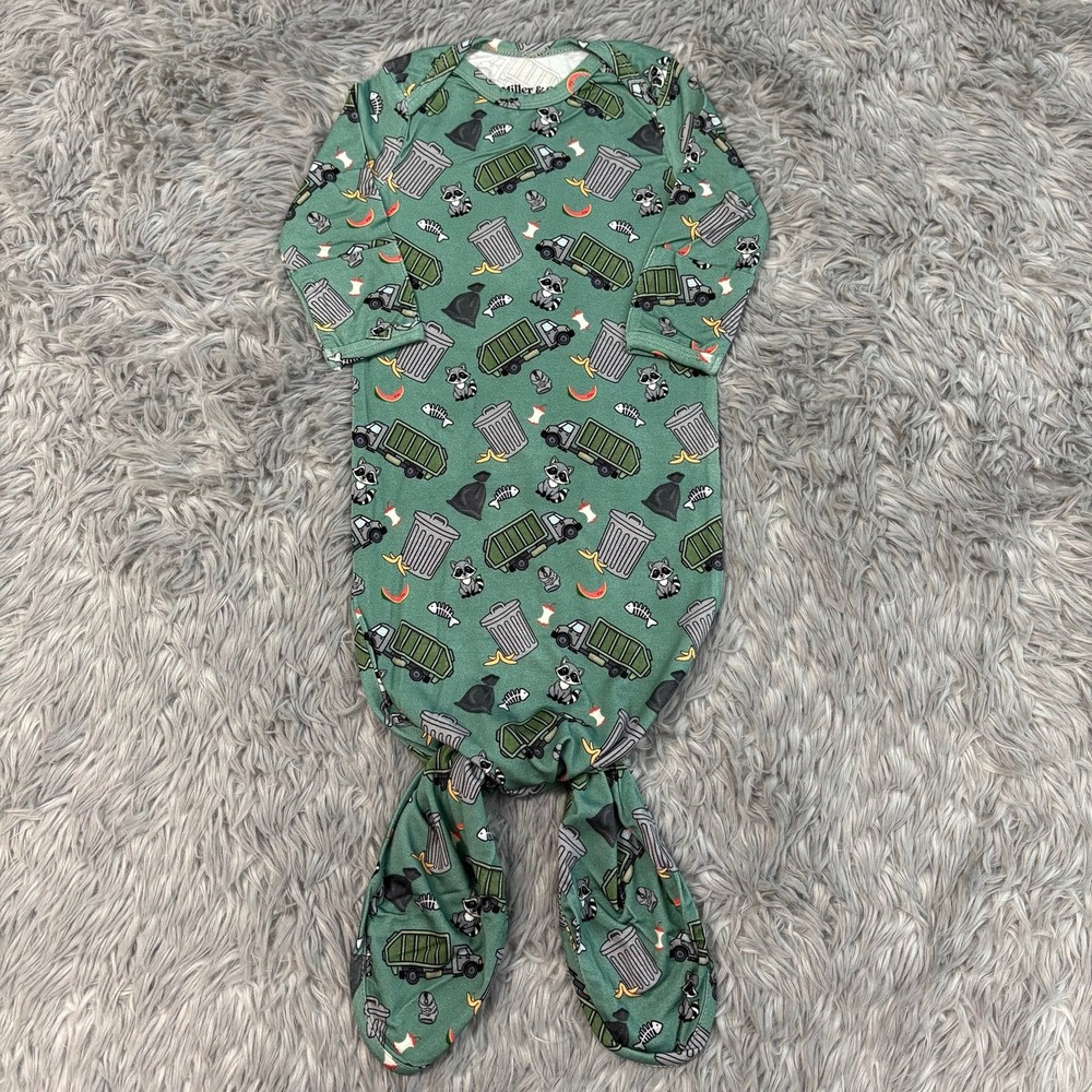 Miller & Co. Trash Cans and Raccoons Baby Knot Gown 0-3 Months NEW
